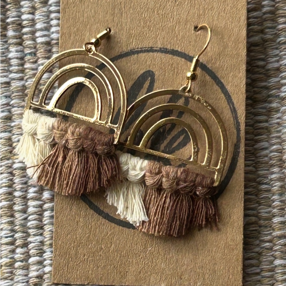 Gold Rainbow Neutral Tan Cream Brown Boho Tassel Earrings
